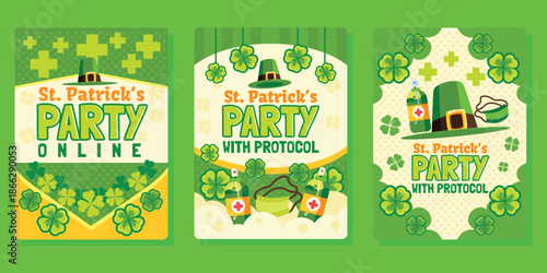 St patrick s day party invitations with leprechaun hats and clover designs