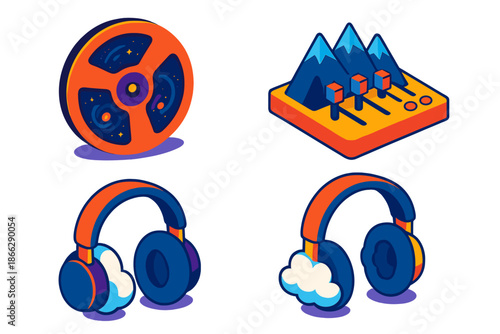 Analog Cosmic Soundscape. Isometric vector illustration set Analog Drift: tape reels spinning with miniature galaxies, synth