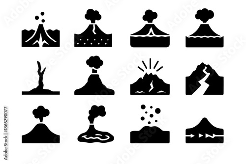 Island Formation Icons. Solid style icons of Island formation process: underwater volcano, seabed rise, lava cooling, steam cloud,