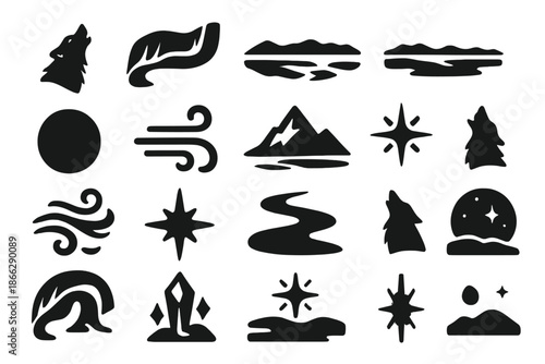 Arctic Night Spirit Icons. Solid style icons of Arctic night spirit: wolf howl, aurora wave, icy ground, tundra plain, glowing