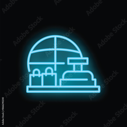 Glowing neon icon of online shopping concept with globe, shopping bags and cash register