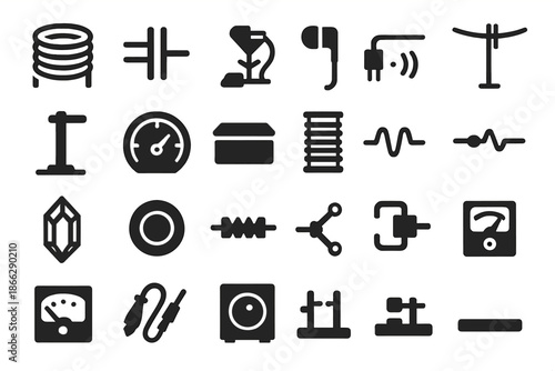 Crystal Radio Components. Solid style icons of Crystal Radio Setup: coil wire, tuning capacitor, galena detector, earphone plug,