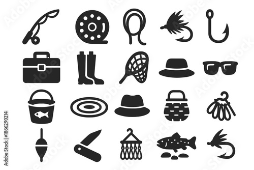 Fly Fishing Gear Icons. Solid style icons of Cyberpunk Fashion: LED visor, neon kimono, hologram earring, glowing glove,