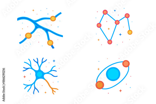 Galactic Neural Pathways. Isometric vector illustration set Galactic Maps for Neural Pathways: glowing neural pathways stretching