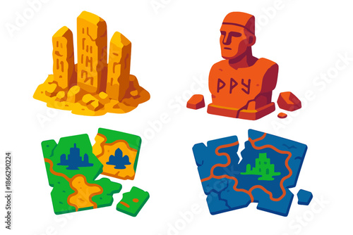 Fictional Civilization Artifacts. Isometric vector illustration set Paleontology of Fictional Civilizations: fossilized skyscraper