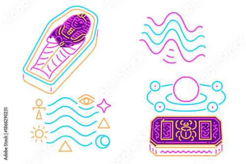 Neon Sarcophagus Illustration. Isometric vector illustration set Sarcophagus Hum Diagram: neon coffin edges, glowing vibration