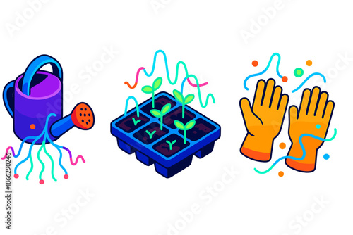 Quantum Gardening Tools. Isometric vector illustration set Quantum State Garden Cultivation Tools: watering can producing