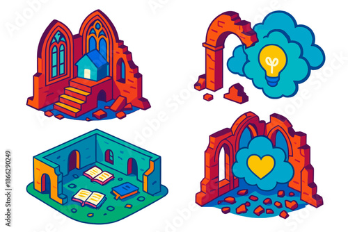 Fragmented Cathedral Memories. Isometric vector illustration set Architectural Models of Forgotten Memories: fragmented cathedral