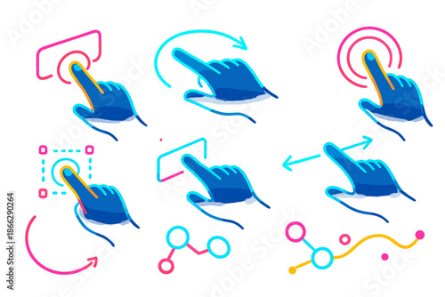 Neon Gesture Interface. Isometric vector illustration set Gesture UI Choreography: neon interface gestures, glowing hand movements