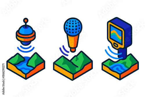 Sonic Geography Instruments. Isometric vector illustration set Sonic Geography Measurement Instruments: sonar emitter floating
