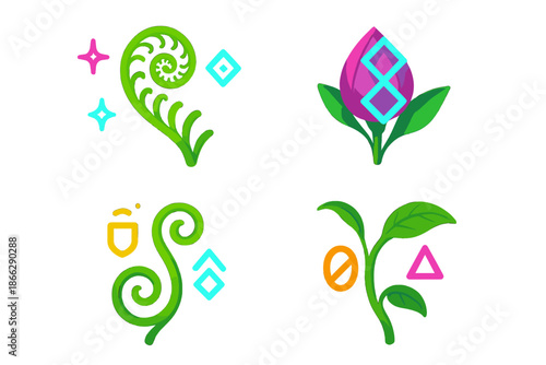 Futuristic Plant Symbols. Isometric vector illustration set Crypobotanical Species Classification Symbols: fern spirals with