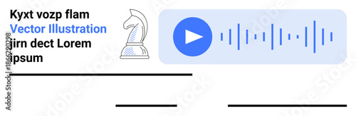 Digital strategies, audio platforms, decision-making, media play, entertainment, technology tools. Chess knight and audio play button with soundwave. Digital strategies and audio platforms
