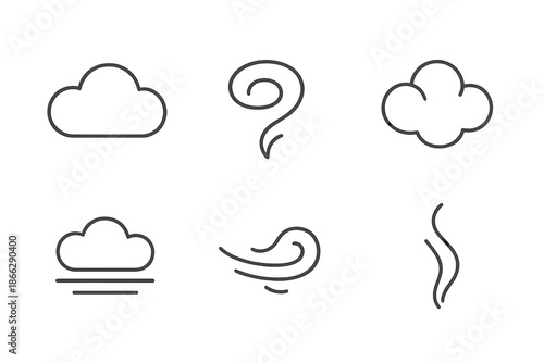 Sky Form Icons. Line style icons of Sky Forms: soft vapor mass, mist swirl, airy puff, horizon haze, drifting wisp, light plume.