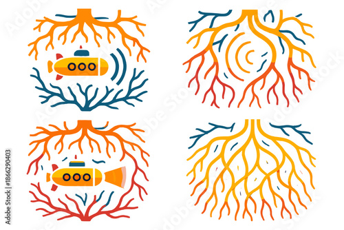 Submarine Root Exploration. Isometric vector illustration set Submarine Exploring Forest Root Systems: tiny submarine exploring