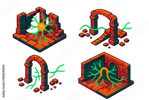 Neural Pathways Ruins. Isometric vector illustration set Architectural Ruins as Neural Pathways: ruined courtyards with glowing