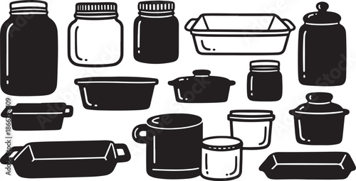 Black and white kitchenware illustration set