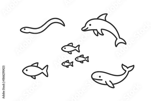 Line Style Aquatic Icons. Line style icons of Aquatic Creatures: slender swimmer, curved fin shape, small aquatic form,