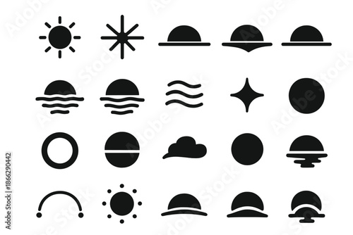 Sunrise Icon Set. Solid style icons of Horizon and Light: sun disc, glare, flare beam, dawn line, dusk horizon, haze glow,