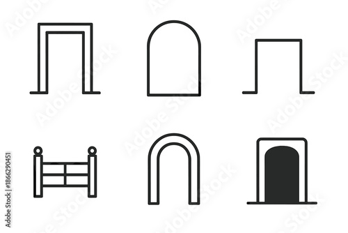 Entrance Line Icons. Line style icons of Entrances: doorway outline, portal curve, threshold line, fenced entry, arch frame,