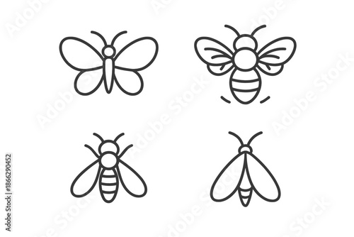 Insect Line Icons. Line style icons of Insects: small winged form, delicate wings, tiny body, segmented shape, hovering outline,
