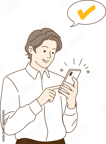 Person pointing at smartphone with sparkles and yellow checkmark, successful task completion, mobile confirmation, digital joy, modern tech