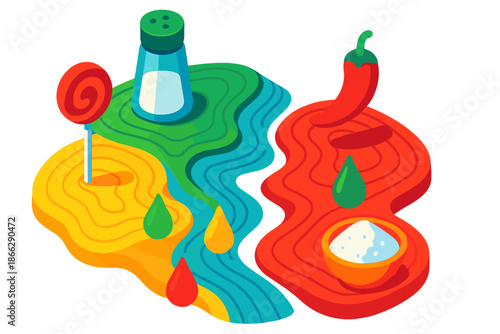 Flavor Cartography Map. Isometric vector illustration set Cartography of Culinary Flavor Palettes: topographic map with sugar,
