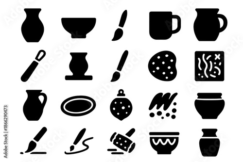 Ceramic Artistry Icons. Solid style icons of Ceramic Artistry: vase, bowl, teapot, mug, plate, sculpting tool, pottery wheel,
