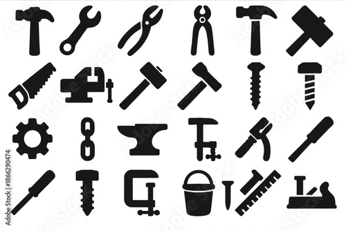 Rustic Tool Icons. Solid style icons of Rustic Workshop Tools: hammer, wrench, tongs, pliers, saw, vice, mallet, chisel, gear,