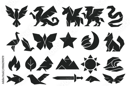 Mythical Paper Art Icons. Solid style icons of Mythical Paper Art: paper phoenix, dragon, unicorn, griffin, serpent, crane,