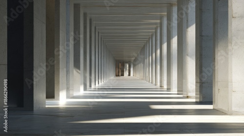 Infinite columned corridor in modern architectural perspective with sunlight