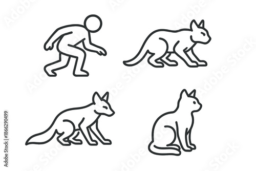 Stealth Creature Icons. Line style icons of Stealth Creatures: quiet figure, low stance, sharp ear arc, flowing tail, subtle
