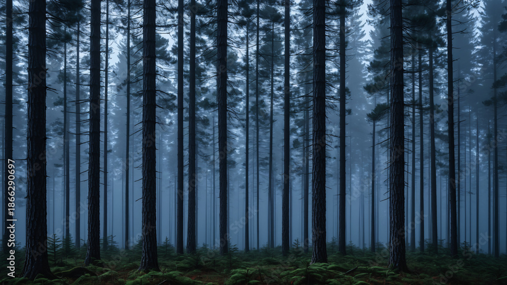 Fototapeta premium Dark Pine Forest Twilight Fog