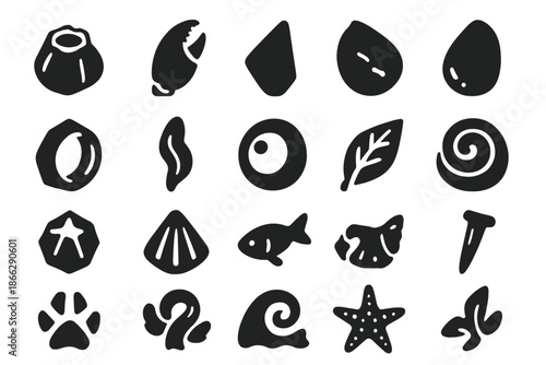 Tidepool Icon Collection. Solid style icons of Tidepool Relic: barnacle shell, crab claw, sea glass shard, smooth pebble, tide