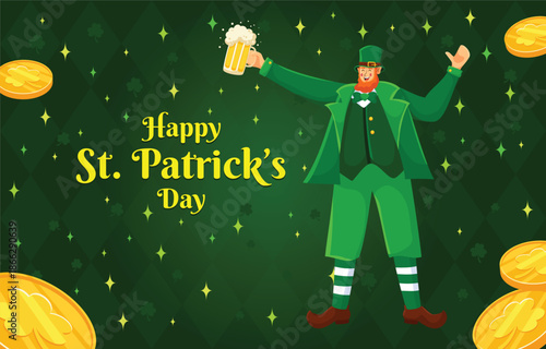 A joyful leprechaun celebrates st patrick s day with a pint of beer and gold