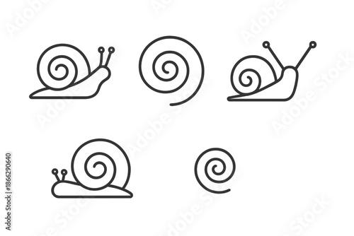 Snail Line Icons. Line style icons of Snail: crawling snail, snail shell spiral, extended antennae, small body curve, resting