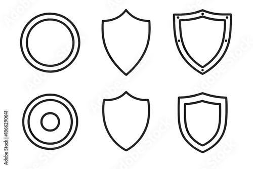 Line Style Shields. Line style icons of Shield: round shield, pointed shield, metal frame, center boss, curved edge, simple guard.