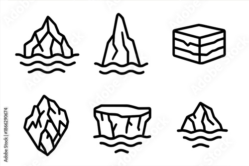 Iceberg Line Icons. Line style icons of Iceberg: floating iceberg, tall ice peak, layered ice block, fractured edge, ice shelf