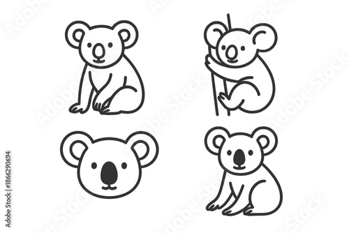 Koala Icon Set. Line style icons of Koala: sitting koala, climbing koala, koala face, rounded ears, curved limbs, soft body