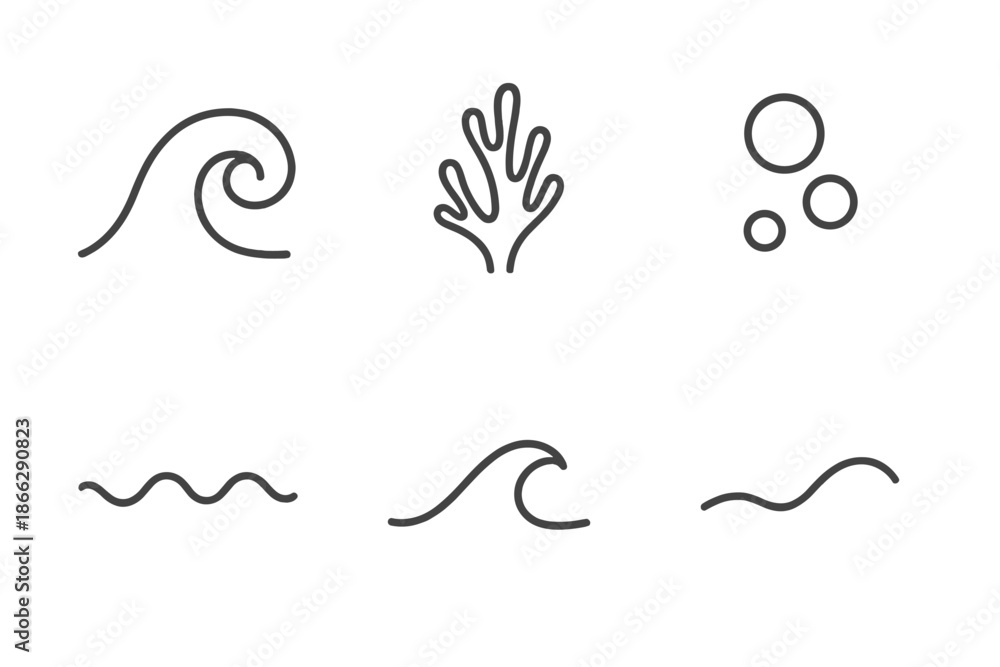 Fototapeta premium Ocean Element Icons. Line style icons of Ocean Elements: wave hint, tiny coral mark, drifting bubble, soft curve, natural flow,