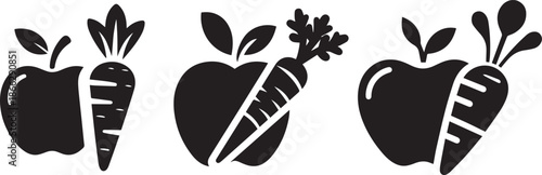 Black silhouettes of apples and carrots with leaves icon vector.