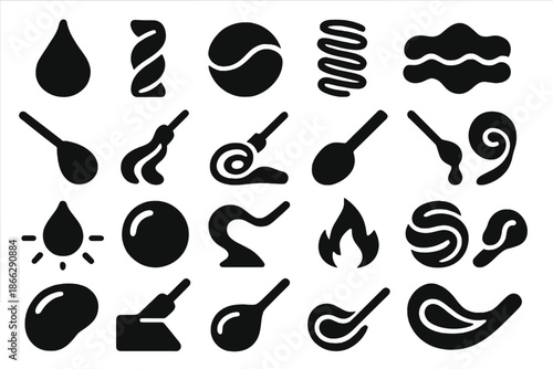 Molten Glass Art Icons. Solid style icons of Molten Art Process: glass drop, twist pattern, color blend, spiral form, fused line,