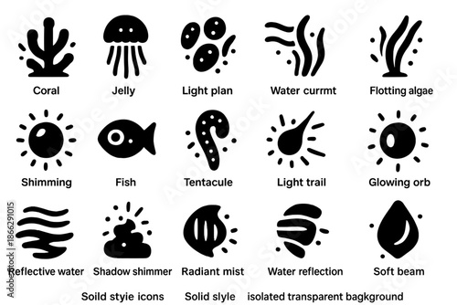 Underwater Bioluminescent Icons. Solid style icons of Underwater Bioluminescence: glowing coral, deep-sea jelly, light plankton,