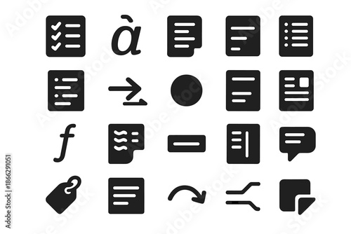 Linguistic Documentation Icons. Solid style icons of Linguistic Study Tools: magnifying glass, ink pot, quill pen, ruler edge,