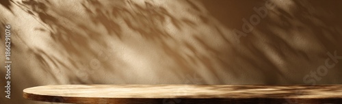Softly lit still life. Textured backdrop casts leafy shadows on a wooden surface and backdrop