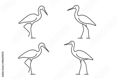 Wading Birds Icons. Line style icons of Wading Birds: slender body, long limb arc, gentle neck curve, subtle beak tip, minimal