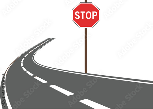 Winding asphalt road with white markings and red stop sign in flat design style for traffic safety vector