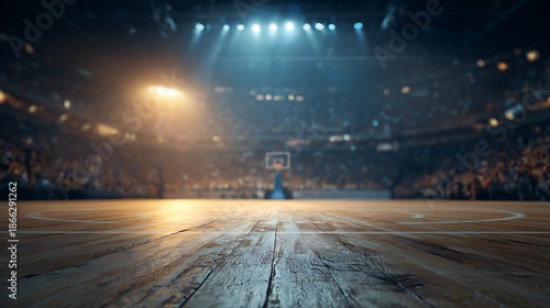 Inside a large basketball arena with a wooden court, lights, and blurred spectators