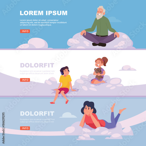People dreaming. characters sitting on clouds. vector banners collection