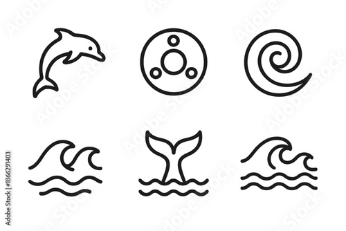 Tide Loop Icons. Line style icons of Tide Loop Motion: dolphin arc, circular toy, tide swirl, wave arcs, tail curve, surf pattern.