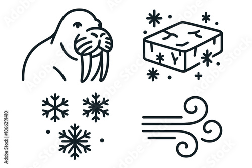 Arctic Tusk Iconic. Line style icons of Arctic Tusk Creature: broad-faced mammal, curved tusks, chilly slab, frost texture, snout